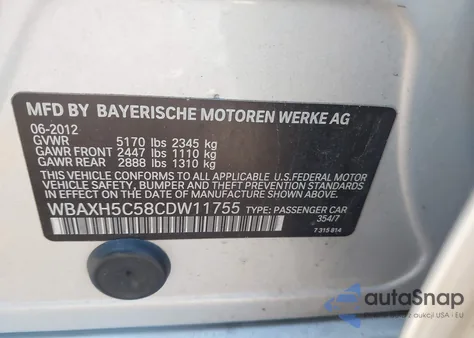 2012 BMW 528I xDrive z USA, uszkodzony, nr VIN WBAXH5C58CDW11755